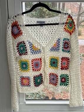 Cotton Emporium Ivory Multi-Color Granny Square Crochet Button Front Cardigan XL